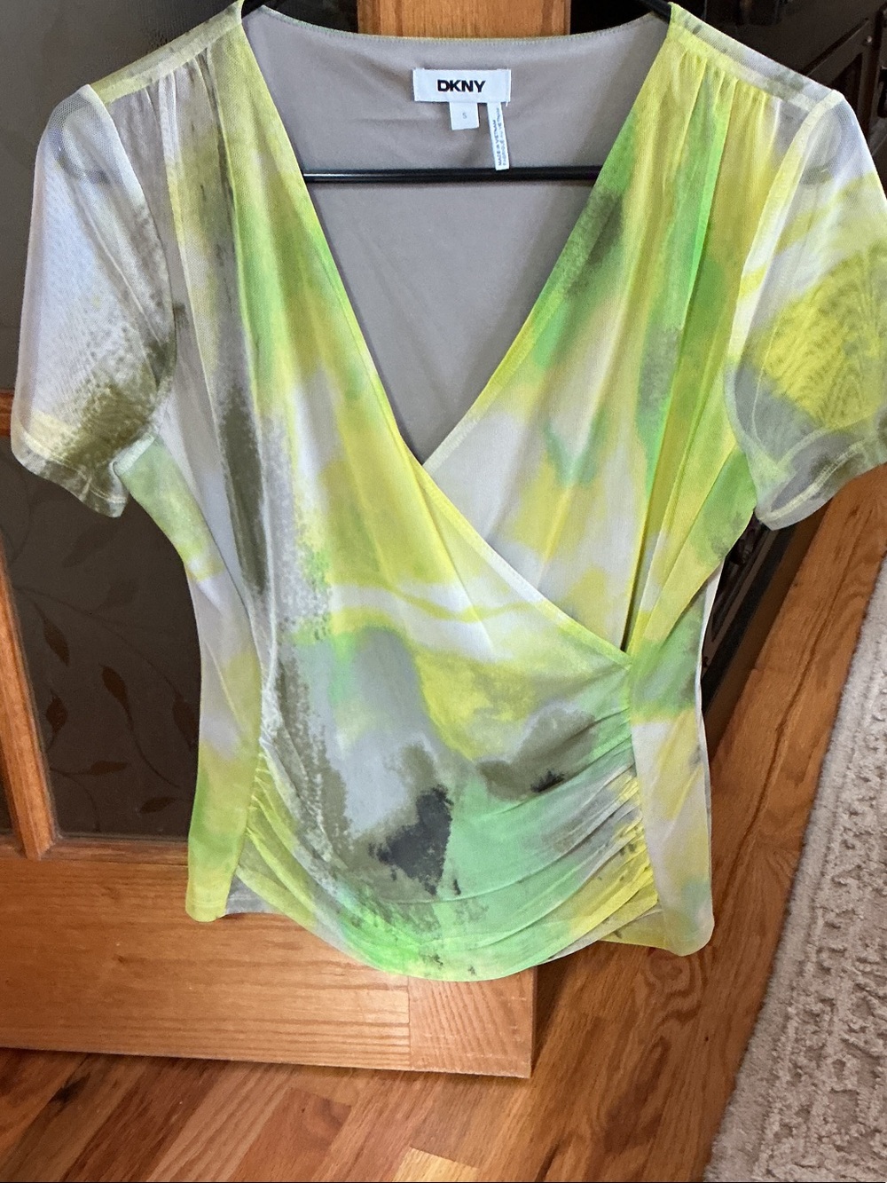DKNY Yellow and Green Printed Wrap-Front Blouse